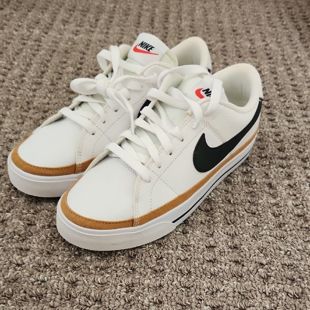Nike White Sneakers with Black Swoosh and Tan Trim